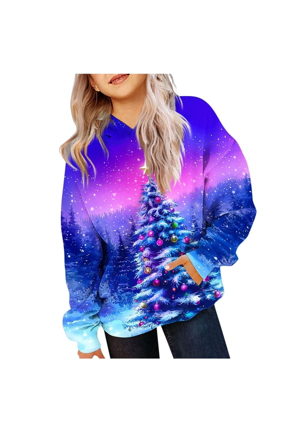 Children Christmas Gifts Hooded Sweatshirt Long Sleeve Loose Casual Fall Winter Fleece Lined Outerwear Tops for Kids 2-14 Years(Purple#1,2-3 Years)