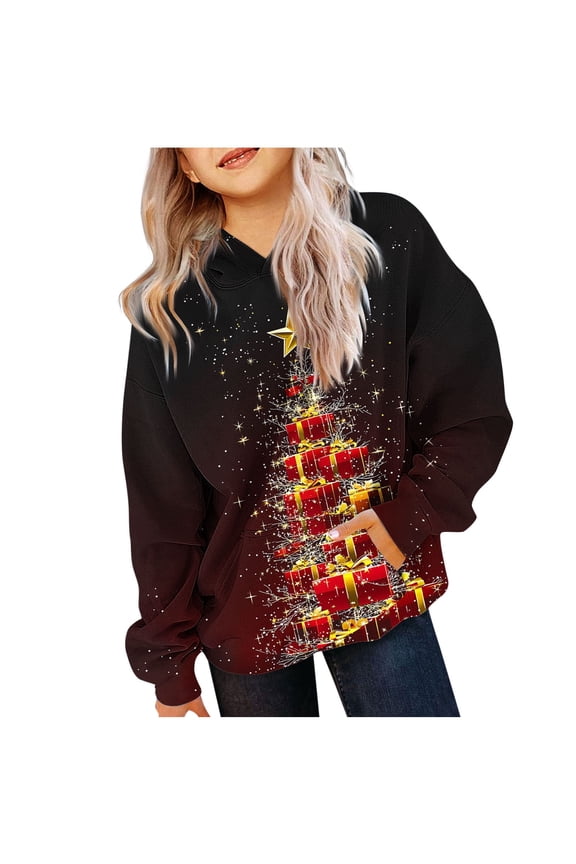 Children Christmas Gifts Hooded Sweatshirt Long Sleeve Loose Casual Fall Winter Fleece Lined Outerwear Tops for Kids 2-14 Years(Red,9-10 Years)