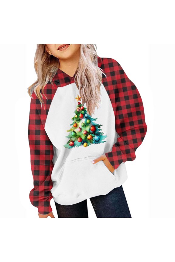 Children Christmas Print Hooded Sweatshirt Plaid Long Sleeve with Pockets Fall Winter Fashion Casual Fleece Lined Outerwear Tops Christmas Gifts for Kids 5-15 Years(Red#4,5 Years)