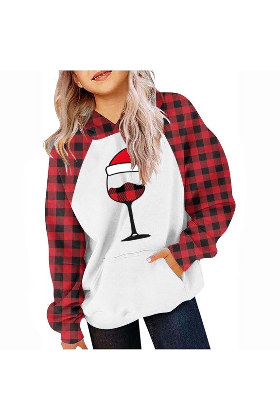 Children Christmas Print Hooded Sweatshirt Plaid Long Sleeve with Pockets Fall Winter Fashion Casual Fleece Lined Outerwear Tops Christmas Gifts for Kids 5-15 Years(Red#5,5 Years)