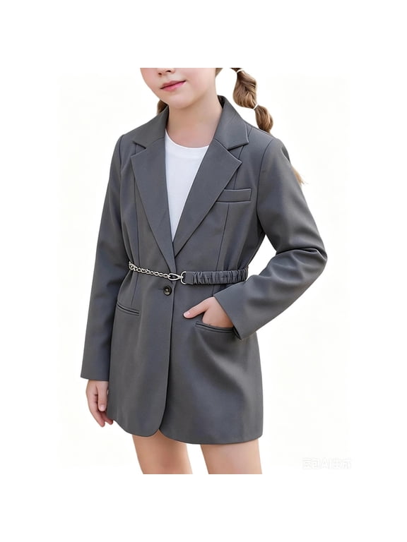 Girls' Blazer Jacket Chain Waist Belt Lapel Long Sleeve Solid Cotton Blend School Uniform Casual Wear