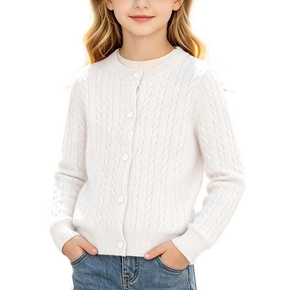 SERTGUTR Girls Cable Knit Cardigan, Button Front Round Neck Long Sleeve, Solid Color Ribbed Trim Cozy Top, Everyday School Fall Winter Sweater