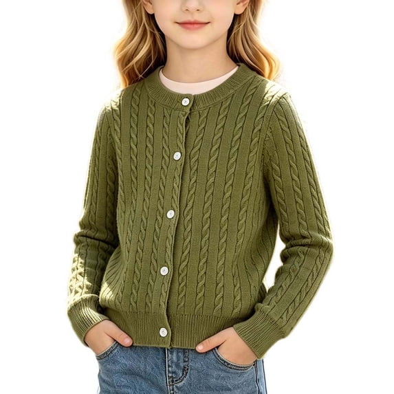 SERTGUTR Girls Cable Knit Cardigan, Button Front Round Neck Long Sleeve, Solid Color Ribbed Trim Cozy Top, Everyday School Fall Winter Sweater