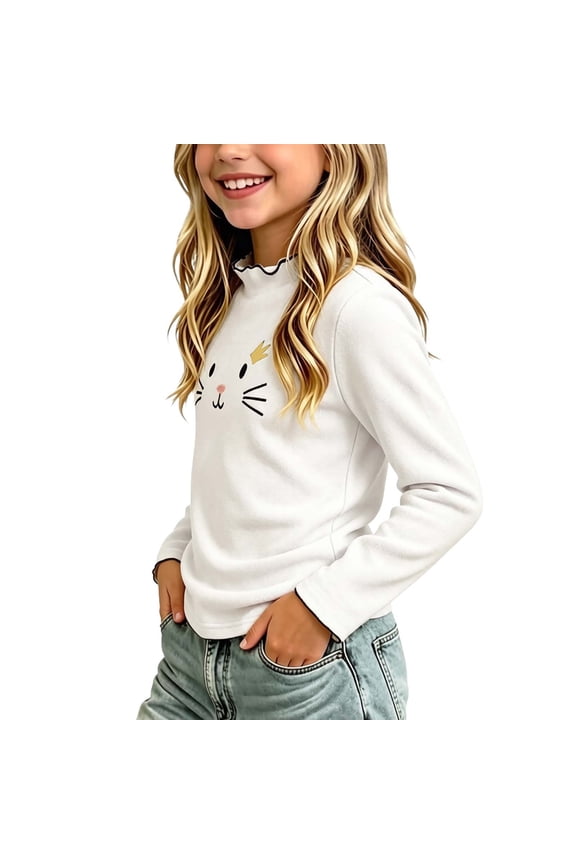 Girls Crew Neck Top Cat Face Embroidery Wavy Ruffle Trim Long Sleeve Slim Fit Soft Stretch Cotton Casual Basic T Shirt for School Play Daily Wear