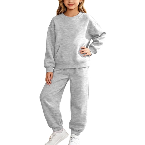 SERTGUTR Girls' Crewneck Sweatshirt Jogger Pants Drop Shoulder Kangaroo Pocket Ribbed Cuffs Soft Fleece Lined Warm Top School Everyday Outerwear