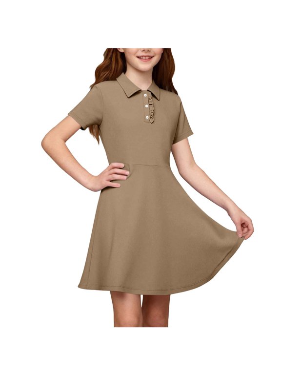 Girls Dress Lapel Collar Button Front Short Sleeve A Line Skater Fit School Uniform Casual Everyday Wear Dress