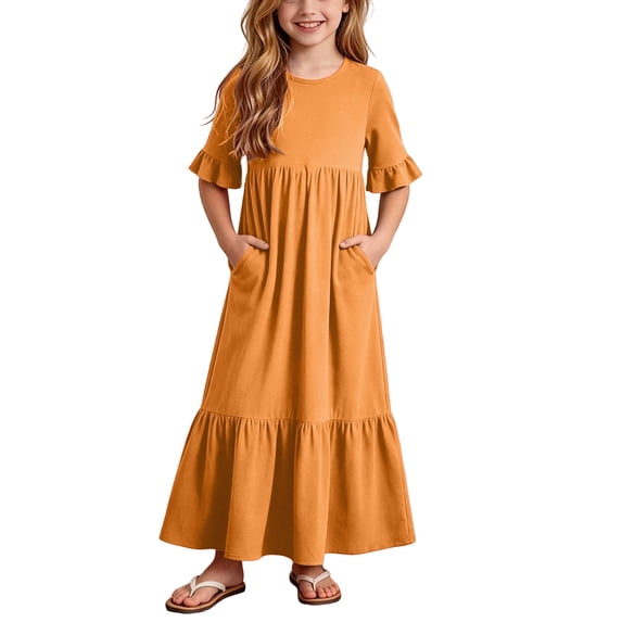 SERTGUTR Girls' Dress Round Neck Short Sleeve Ruffle Hem Tiered Maxi Side Pockets Comfortable Casual School Outdoor Everyday Wear Dress