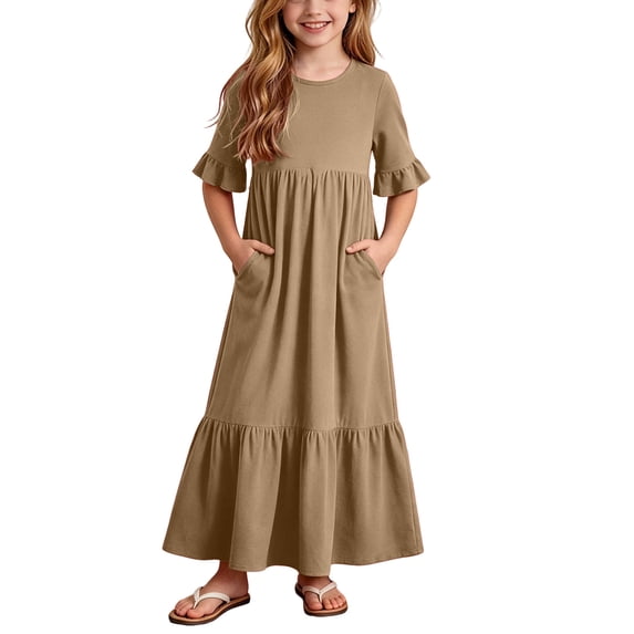 SERTGUTR Girls' Dress Round Neck Short Sleeve Ruffle Hem Tiered Maxi Side Pockets Comfortable Casual School Outdoor Everyday Wear Dress