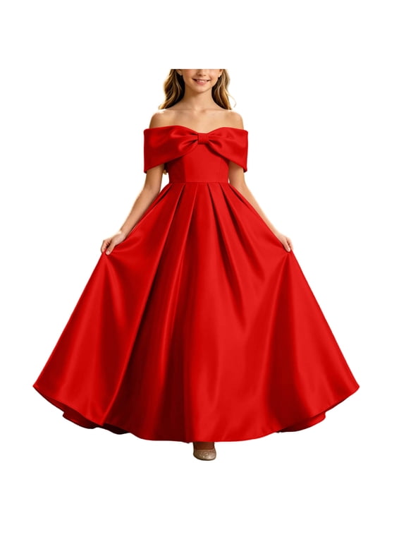 Girls Dress Satin Ball Gown Off Shoulder Bow Short Sleeve V-Neck Ankle Dress Wedding Birthday Party Pageant Floor Length Special Occasion Dress