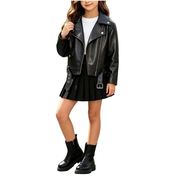 SERTGUTR Girls' Faux Leather Jacket, Zip Up Front Moto Biker Coat, Lapel Collar Long Sleeve with Belted Hem, Everyday Casual Streetwear Layer