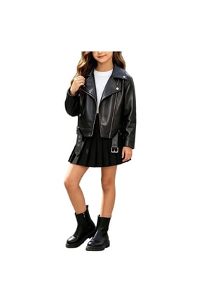 Girls' Faux Leather Jacket, Zip Up Front Moto Biker Coat, Lapel Collar Long Sleeve with Belted Hem, Everyday Casual Streetwear Layer