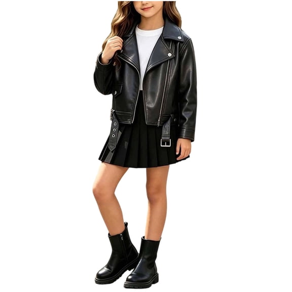 SERTGUTR Girls' Faux Leather Jacket, Zip Up Front Moto Biker Coat, Lapel Collar Long Sleeve with Belted Hem, Everyday Casual Streetwear Layer