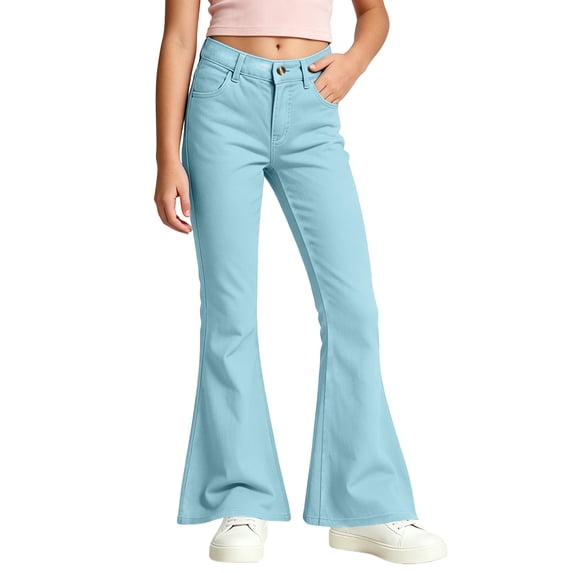 SERTGUTR Girls' Flare Pants Solid Color High Waist Stretch Bell Bottom Trousers Front Zipper Side Pockets Casual School Daily Fashion Jeans