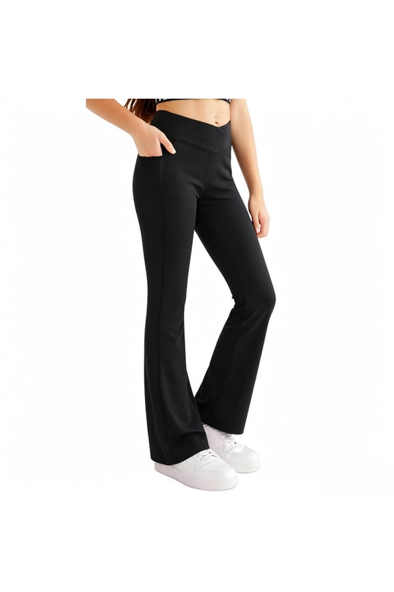 Girls' Flare Yoga Pants V High Waist Stretch Pull-On Athletic Leggings Side Pockets Casual School Gym Playground Everyday Wear