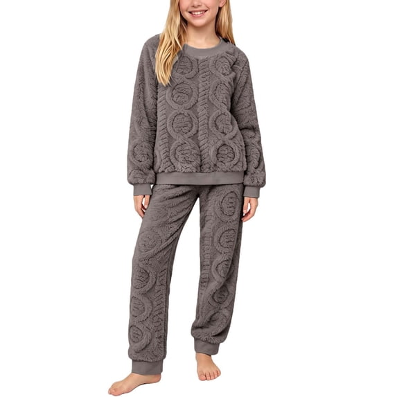 SERTGUTR Girls' Fleece Set Crewneck Long Sleeve Top Jogger Pants 3D Textured Warm Fall Winter Homewear Outfit