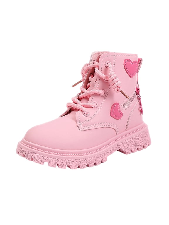 Girls Heart Decor Ankle Boots, Lace Up Side Zipper Chunky Sole Short Boots, Soft Faux Leather Comfortable Casual Shoes, Everyday School Travel Winter Boots(6.5-7 Years,30)