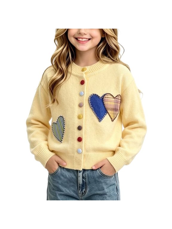 Girls Heart Patch Cardigan Crew Neck Button Front Long Sleeve Colorful Buttons Ribbed Trim Warm Knit Sweater Coat