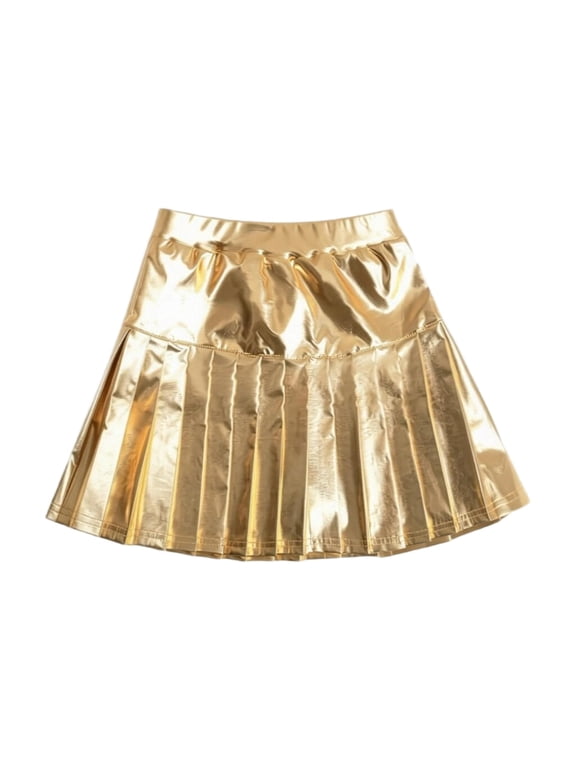 Girls Holographic Metallic Pleated Skirt Shiny High Waist A Line Party Performance Dance Stage Sparkle Glitter Look Skirt