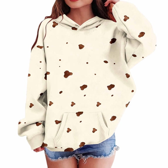 SERTGUTR Girls' Hoodie Pullover Cow Print Drop Shoulder Kangaroo Pocket Long Sleeve Ribbed Cuffs Hem Relaxed Fit Soft Polyester Top School Everyday Wear Outerwear