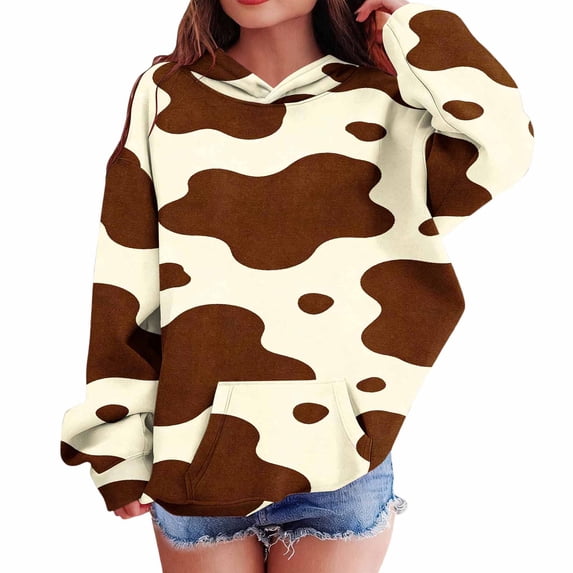 SERTGUTR Girls' Hoodie Pullover Cow Print Drop Shoulder Kangaroo Pocket Long Sleeve Ribbed Cuffs Hem Relaxed Fit Soft Polyester Top School Everyday Wear Outerwear