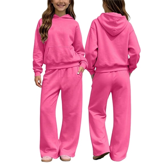SERTGUTR Girls' Hoodie Set Pullover Kangaroo Pocket Wide Leg Sweatpants Relaxed Fit Fleece Lined Warm Winter Outfit School Everyday Outerwear