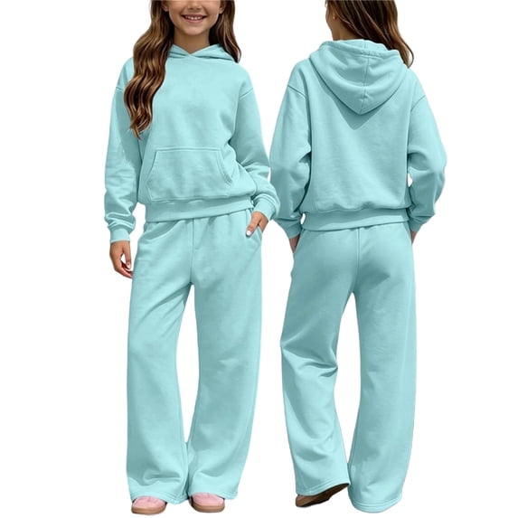SERTGUTR Girls' Hoodie Set Pullover Kangaroo Pocket Wide Leg Sweatpants Relaxed Fit Fleece Lined Warm Winter Outfit School Everyday Outerwear