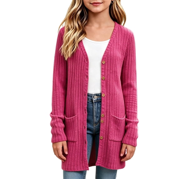 SERTGUTR Girls' Knitted Cardigan, Button Front Long Sleeve Sweater, Solid Color Ribbed Trim with Pockets, Everyday School Casual Layer