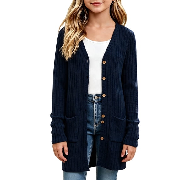 SERTGUTR Girls' Knitted Cardigan, Button Front Long Sleeve Sweater, Solid Color Ribbed Trim with Pockets, Everyday School Casual Layer