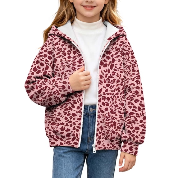 SERTGUTR Girls Leopard Print Hooded Sweatshirt, Zip Up Fleece Jacket with Pockets, Long Sleeve Casual Outerwear, Everyday School Outdoor Warm Coat
