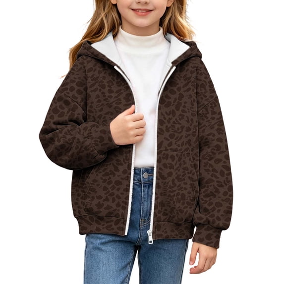 SERTGUTR Girls Leopard Print Hooded Sweatshirt, Zip Up Fleece Jacket with Pockets, Long Sleeve Casual Outerwear, Everyday School Outdoor Warm Coat