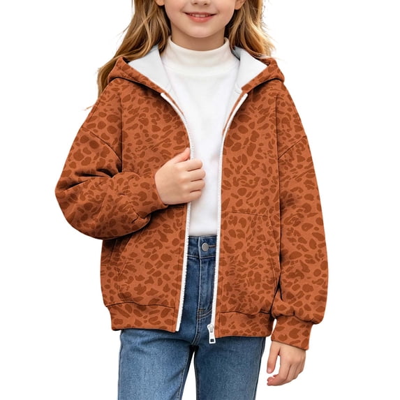 SERTGUTR Girls Leopard Print Hooded Sweatshirt, Zip Up Fleece Jacket with Pockets, Long Sleeve Casual Outerwear, Everyday School Outdoor Warm Coat