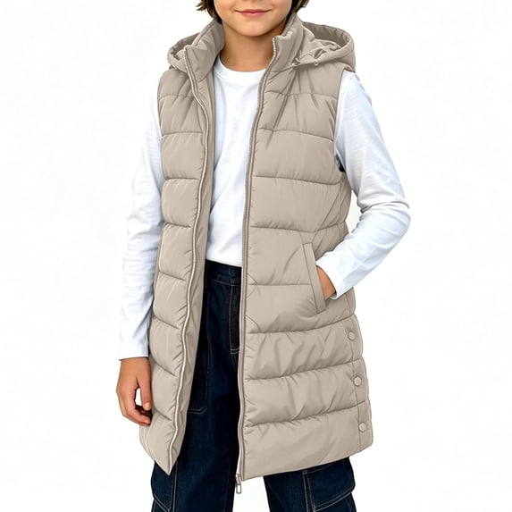SERTGUTR Girls Longline Puffer Vest Hooded Sleeveless Full Zipper Quilted Side Pocket Snap Button Everyday School Winter Warm Outerwear