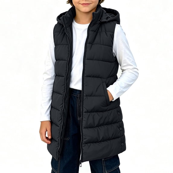 SERTGUTR Girls Longline Puffer Vest Hooded Sleeveless Full Zipper Quilted Side Pocket Snap Button Everyday School Winter Warm Outerwear
