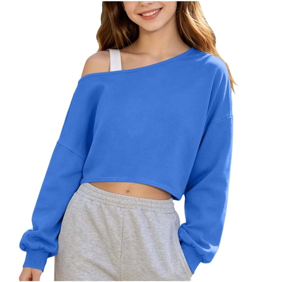 SERTGUTR Girls Off Shoulder Top One Strap Long Sleeve Drop Shoulder Crop Sweatshirt Casual Trendy Teen Pullover