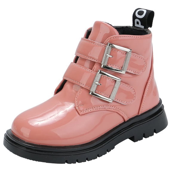 SERTGUTR Girls Patent Leather Ankle Boots, Double Buckle Strap Short Boots with Pull Tab, Non Slip Chunky Sole Casual Boots, Everyday School Travel Boots(7.5-8 Years,31)