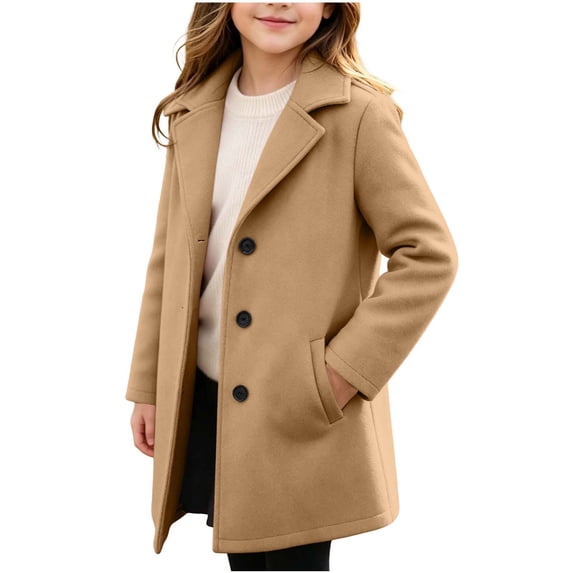 SERTGUTR Girls' Pea Coat Button Front Lapel Collar Mid-Length Side Pockets Long Sleeve Tweed Warm Winter School Everyday Outerwear