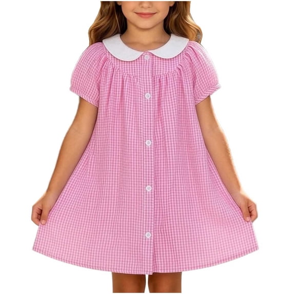 SERTGUTR Girls Plaid Dress Lapel Collar Puff Sleeve Button Front A Line School Uniform Summer Casual Everyday Wear Dress