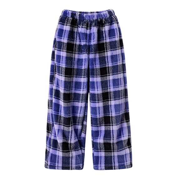 SERTGUTR Girls Plaid Fleece Wide Leg Pants, Elastic High Waist Loose Fit Trousers, Side Pocket Warm Home Pants, Winter Everyday Comfortable Bottoms