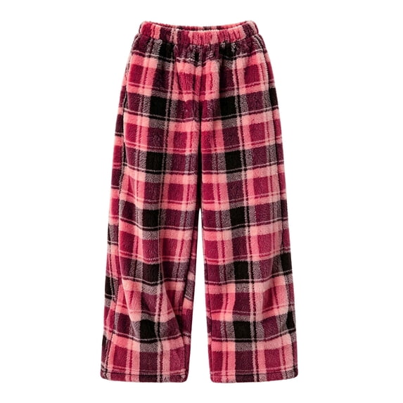 SERTGUTR Girls Plaid Fleece Wide Leg Pants, Elastic High Waist Loose Fit Trousers, Side Pocket Warm Home Pants, Winter Everyday Comfortable Bottoms