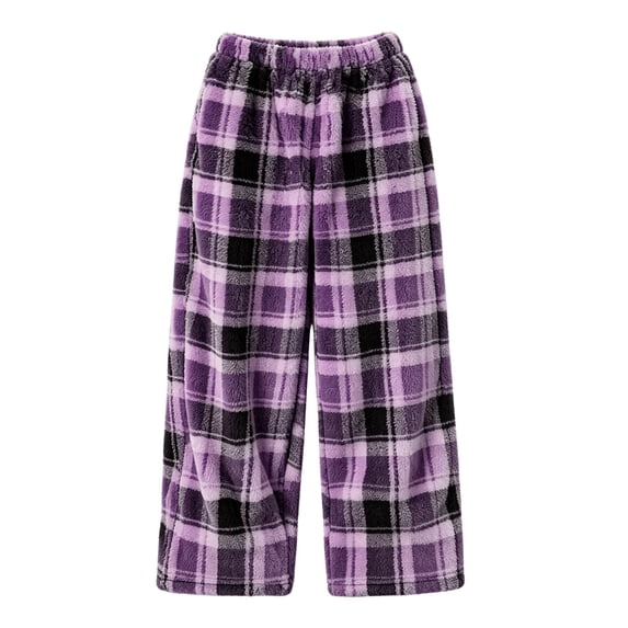 SERTGUTR Girls Plaid Fleece Wide Leg Pants, Elastic High Waist Loose Fit Trousers, Side Pocket Warm Home Pants, Winter Everyday Comfortable Bottoms