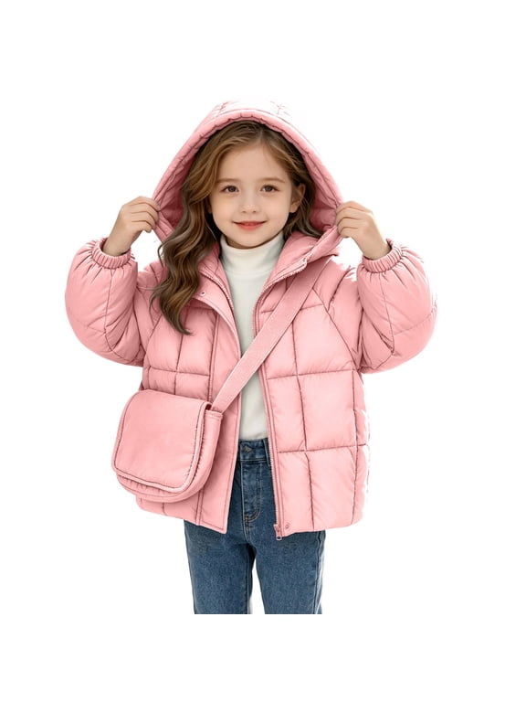 Girls' Puffer Jacket Hooded Zip Front Warm Thicken Padded Quilted Crossbody Bag Winter School Outdoor Wear