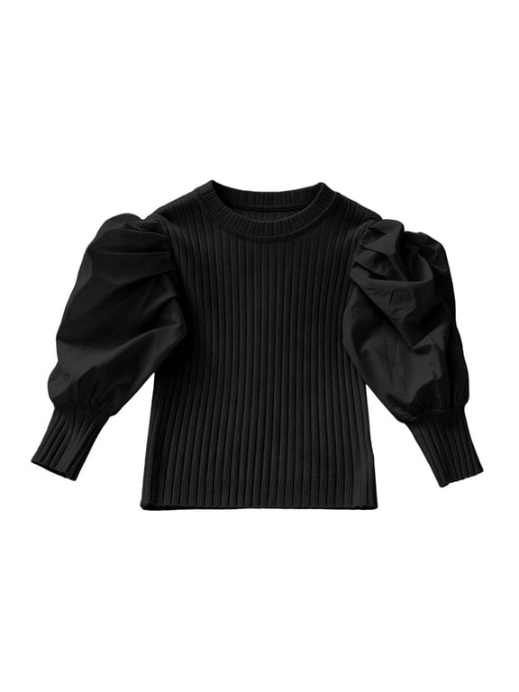 Girls Ribbed Knit Long Sleeve Top Round Neck Puff Sleeve Casual Blouse Everyday School Fall Winter Top