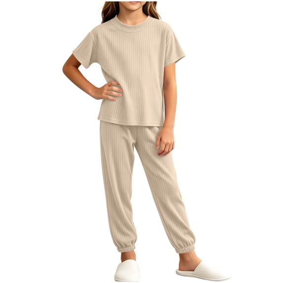 SERTGUTR Girls' Set Short Sleeve Ribbed Crew Neck Top Jogger Pants Elastic Waist Cuffed Ankle Soft Breathable 2 Piece Casual Homewear