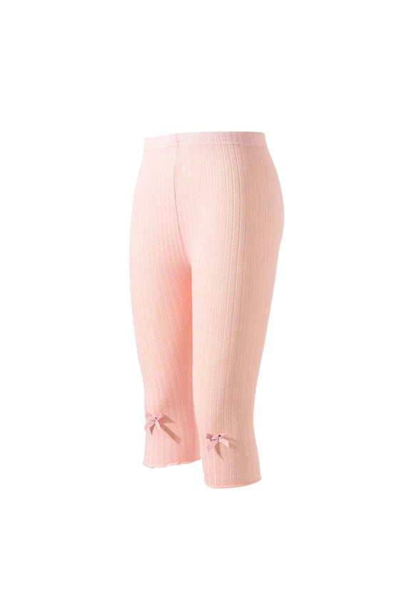 Girls' Stretch Cropped Leggings Ribbed Knit Elastic Waist Pull-On Slim Fit Bow Detail Casual School Dance Practice Playground Everyday Wear