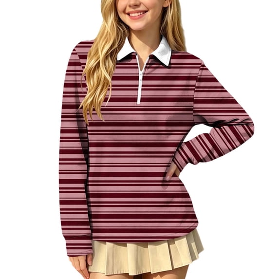 SERTGUTR Girls Striped Half Zip Shirt, Long Sleeve Turn Down Collar Top, Loose Casual School Uniform Shirt, Everyday Outdoor Daily Shirt