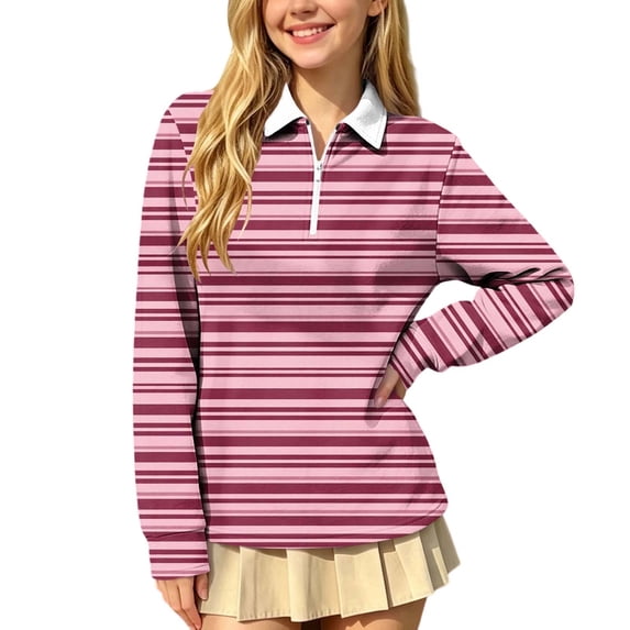 SERTGUTR Girls Striped Half Zip Shirt, Long Sleeve Turn Down Collar Top, Loose Casual School Uniform Shirt, Everyday Outdoor Daily Shirt