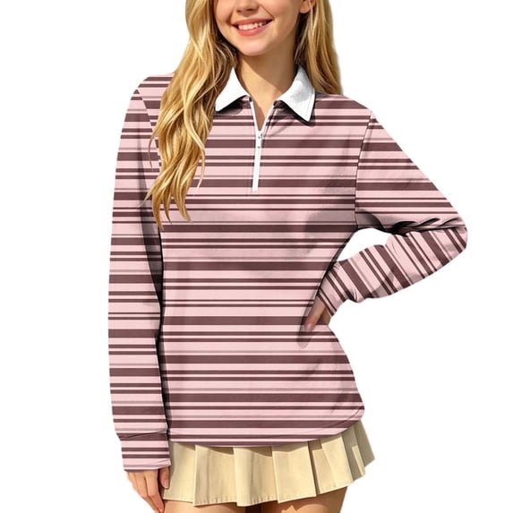 SERTGUTR Girls Striped Half Zip Shirt, Long Sleeve Turn Down Collar Top, Loose Casual School Uniform Shirt, Everyday Outdoor Daily Shirt