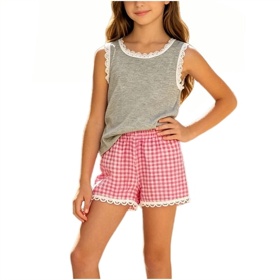 SERTGUTR Girls' Two Piece Outfit Tank Top Gingham Shorts Lace Trim Sleeveless Crew Neck Relaxed Fit Breathable Summer School Casual Everyday Wear
