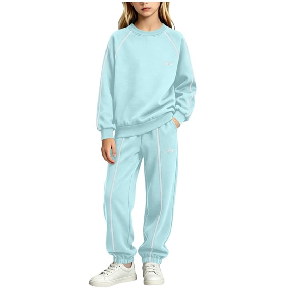 SERTGUTR Girls' Two Piece Set Crew Neck Raglan Sweatshirt Striped Trim Joggers Elastic Waist Cuffed Ankle School Sports Everyday Wear