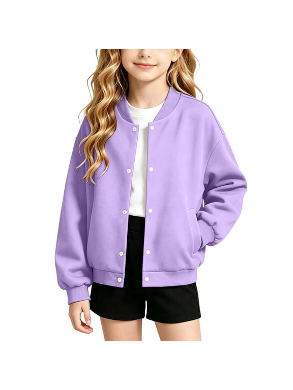 Girls Varsity Jacket Snap Button Front Long Sleeve Fleece Lined Side Pocket Ribbed Cuff Solid Color Casual School Fall Winter Outwear